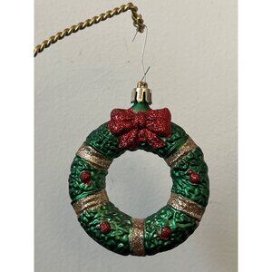 Green Wreath Ornament Red Glitter Bow and Gold Accents Shatterproof Plastic